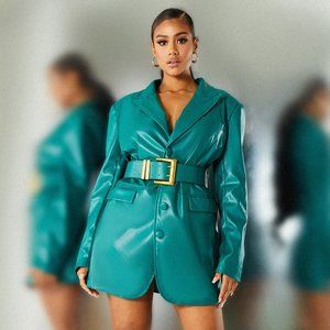 Pretty Little Thing Green Faux Leather Shoulder Pad Belt Blazer Dress Size S NWT